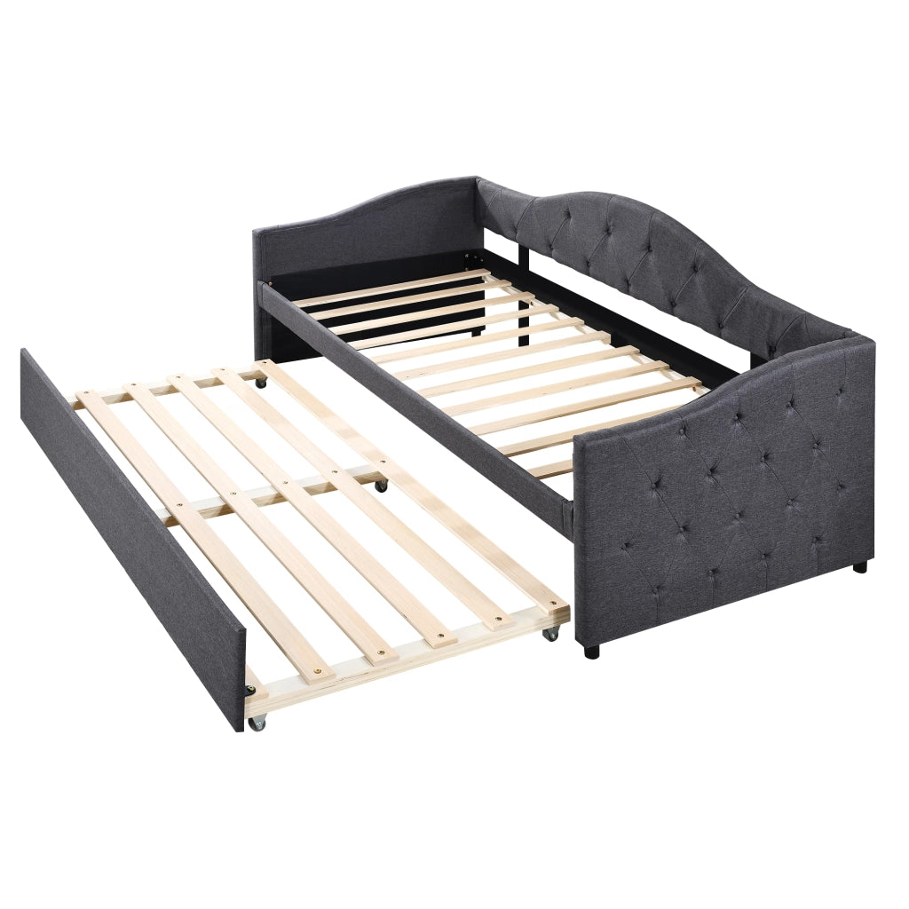 Letto singolo daybed 90x200 cm con letto estraibile, divano letto in lino grigio