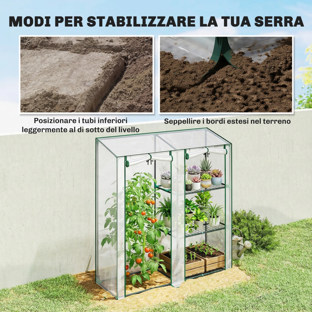Serra Verticale a 2 Sezioni con 3 Ripiani 143x45x151 cm in Plastica e Acciaio Verde Scuro e Trasparente