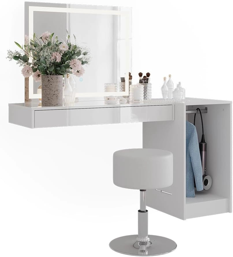 Tavolo da toeletta Sherry, Bianco, 100 cm 4 parti, con illuminazione LED e seduta imbottita per il montaggio