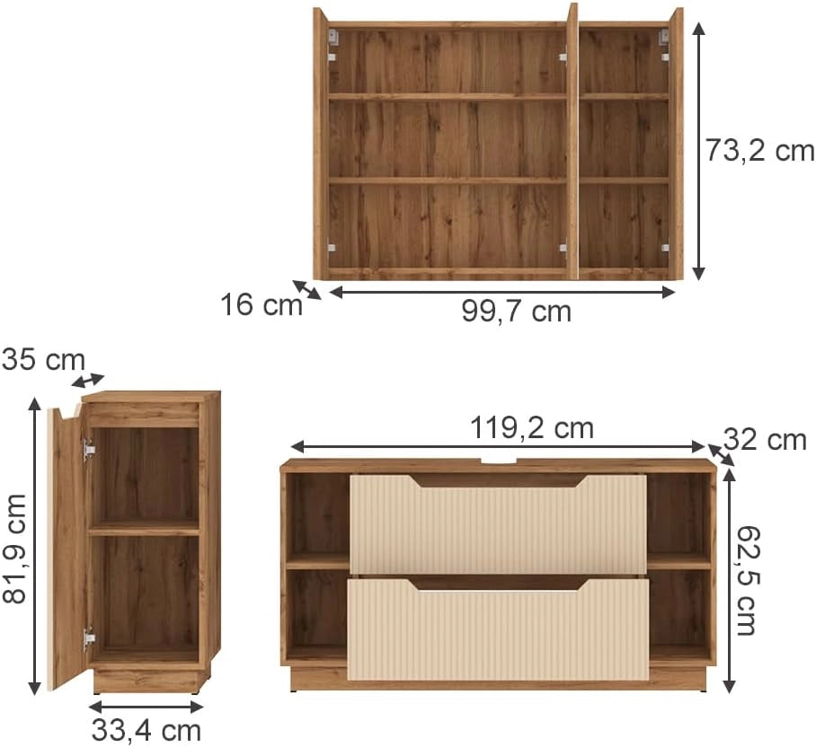 Set di mobili da bagno Lotta, Rovere/cashmere a righe, 3 parti
