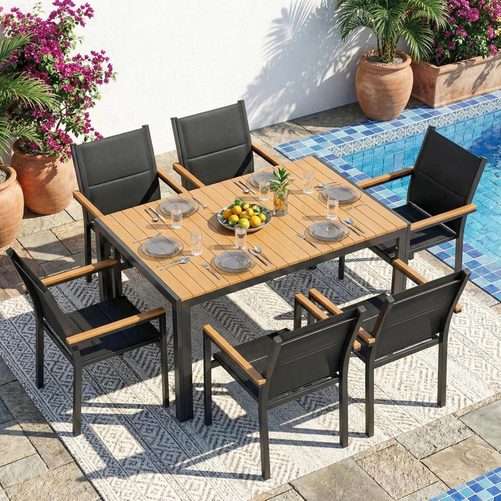 Set di 2 sedie da giardino in alluminio, con schienale e seduta trapuntati, impilabili, per sala da pranzo, in WPC, per terrazza, balcone, terrazza, piscina, ristoranti, colore nero, 2 pezzi