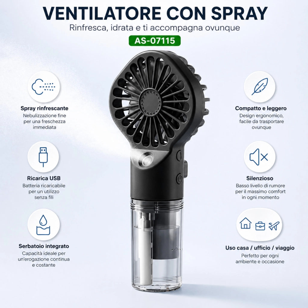 VENTILATORE PORTATILE CON SPRAY RICARICABILE USB MINI FAN UMIDIFICATORE AS-07115
