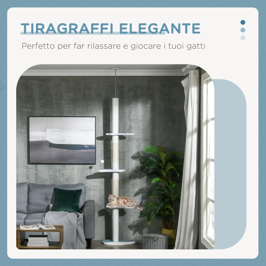 Albero Tiragraffi per Gatti a Soffitto con Palo Regolabile da 225-255 cm in Peluche Bianco