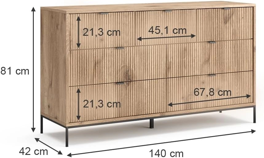 Credenza Eliza, Quercia vichinga, 42 x 81 cm con 7 cassetti, per la conservazione di abbigliamento e oggetti per la casa