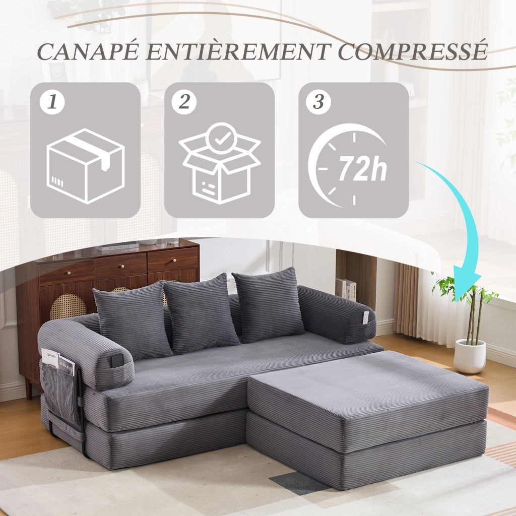 Divano modulare in velluto a coste con tasca laterale e 3 cuscini, struttura in metallo, grigio scuro, design moderno