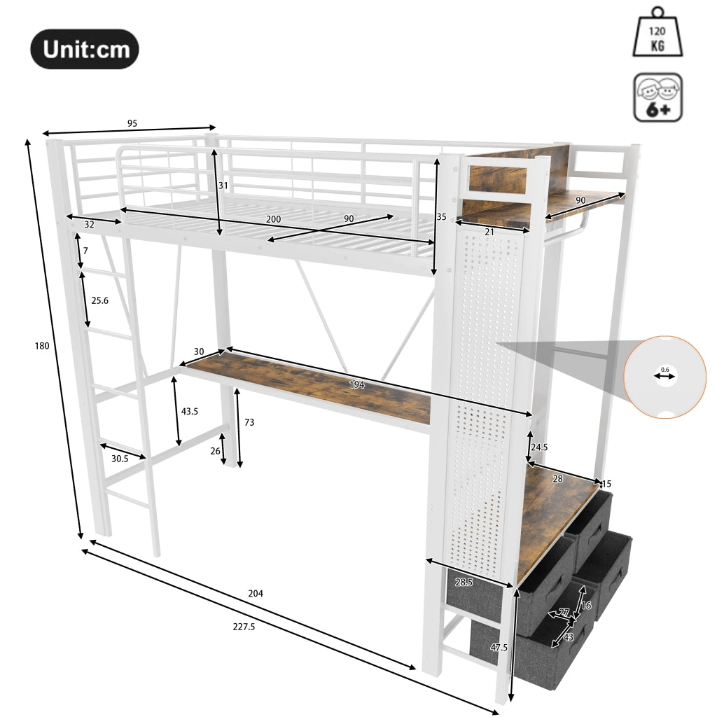 Letto a Soppalco Singolo con Scrivania; 4 Cassetti; USB; Tipo C e LED Regolabile 90 × 200 cm; senza Materasso