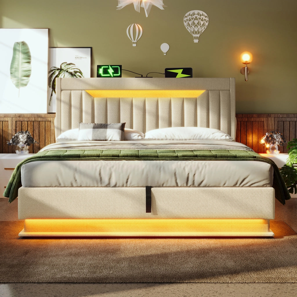 Letti contenitori 180x200 cm; testiera con LED e porte USB; lino beige (Senza materasso)