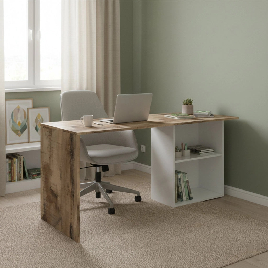 Antioco, Scrivania 2 Ripiani Made in Italy, 110x50x75h cm Bianco Lucido