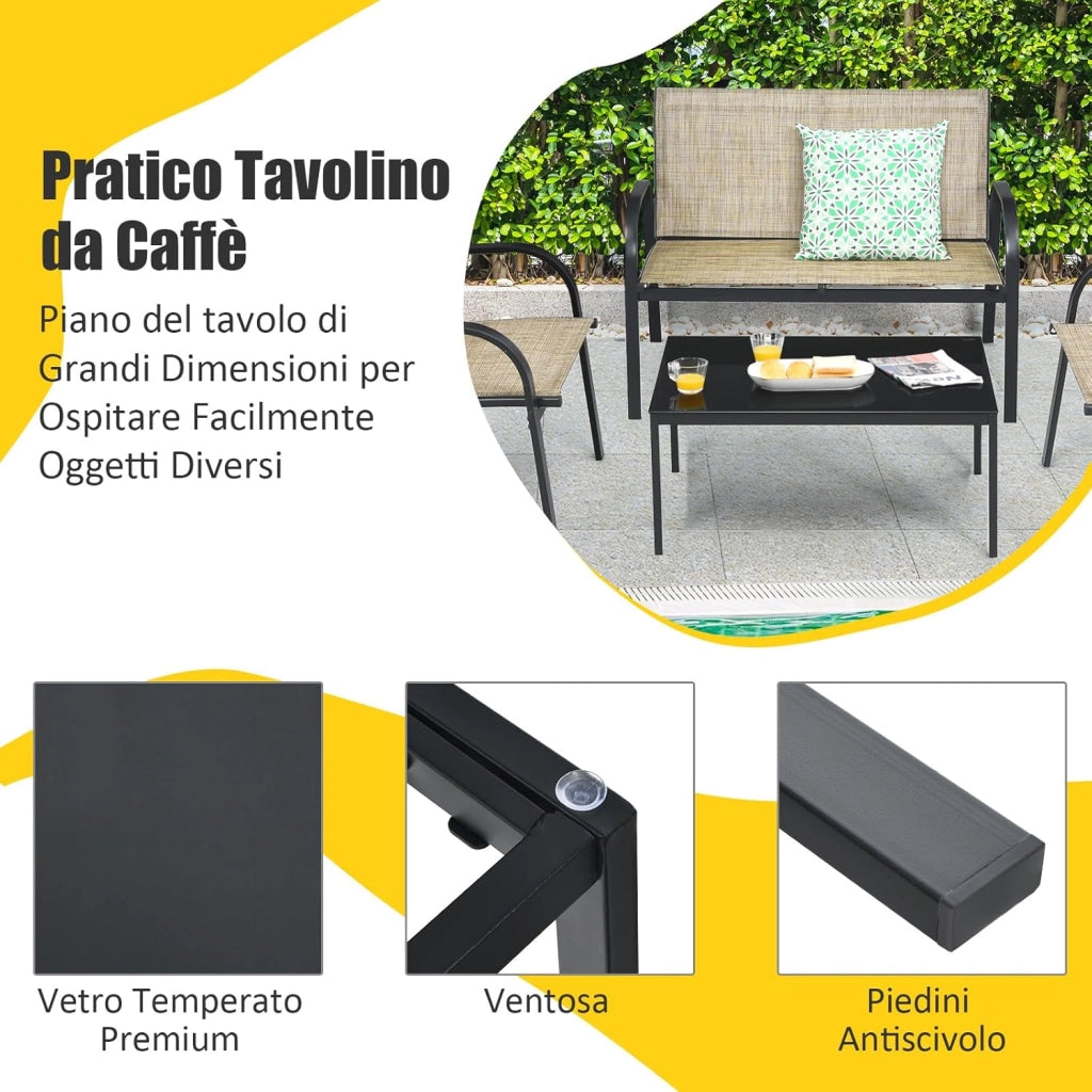 Set da Giardino con 4 Pezzi, Set da Giardino per Chiacchierare, Sedie da Giardino con Tavolino in Vetro, con Struttura Resistente in Ferro, Tessuto a Rete Traspirante (Marrone)
