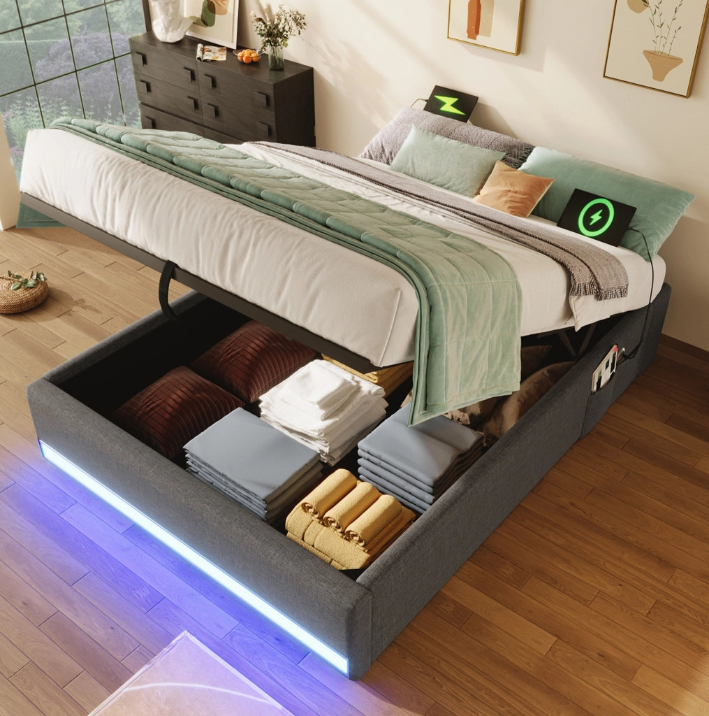 Letto imbottito 90x200 cm con USB; LED e contenitori laterali in lino grigio