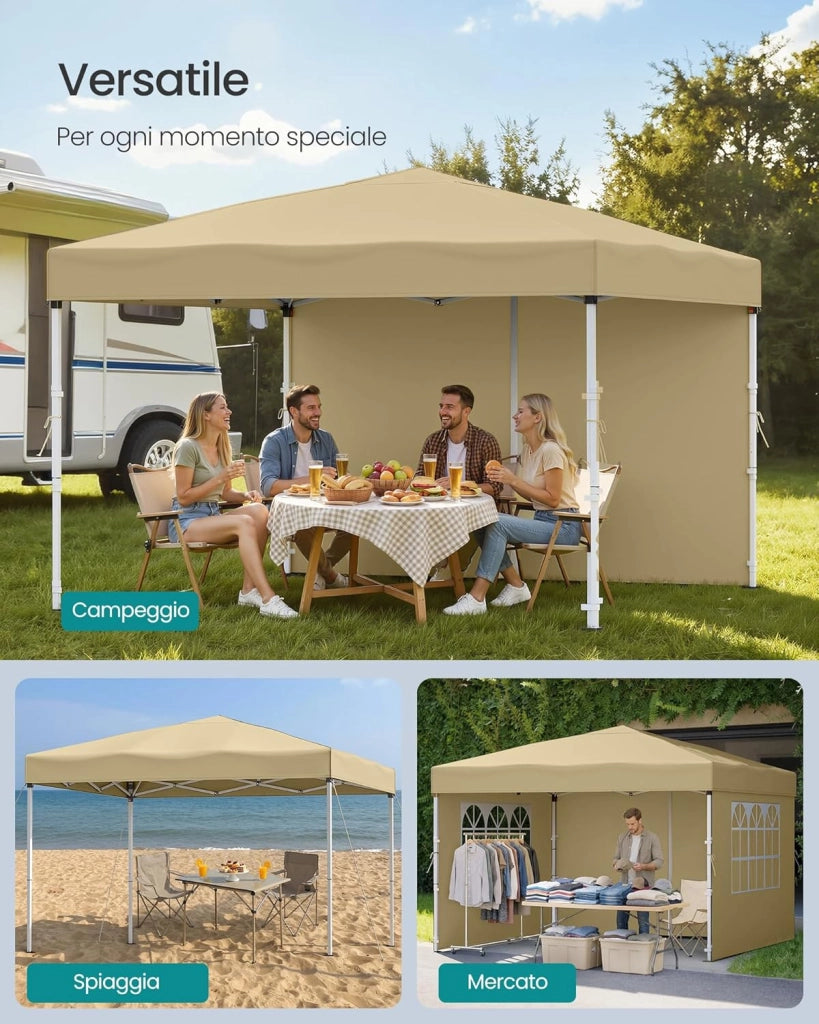 SONGMICS Gazebo, Tendone Pieghevole, Protezione Solare, Resistente alla Pioggia Leggera, Portatile, con Pareti Laterali, per Cortile, Giardino, Mercato, 3 x 3 m, Beige GCT104LZ01