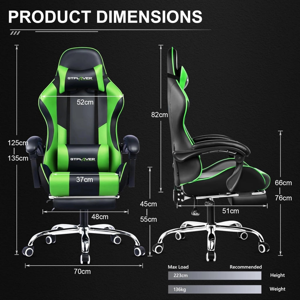 Sedia da ufficio, da gaming, da gaming, ergonomica, con poggiapiedi, poggiatesta, cuscino lombare, imbottito, sedia girevole verde