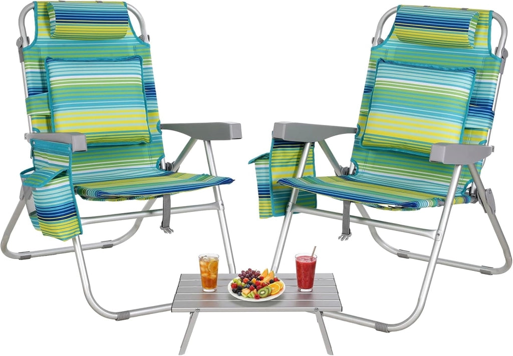Sedia da Spiaggia Pieghevole in Lega di Alluminio, Leggera, Set da 2 Sedie con 1 Tavolo, Sedia Pieghevole Portatile a Zaino, Sedia da Campeggio, Reclinabile, Capacità di Carico fino a 150 kg
