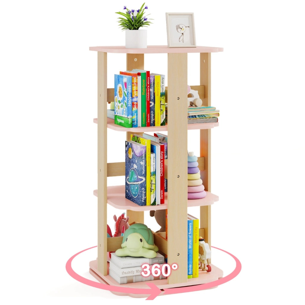 Scaffale per libri per bambini a 3 livelli con 12 scomparti, Libreria rotante per stanza dei bambini Rosa