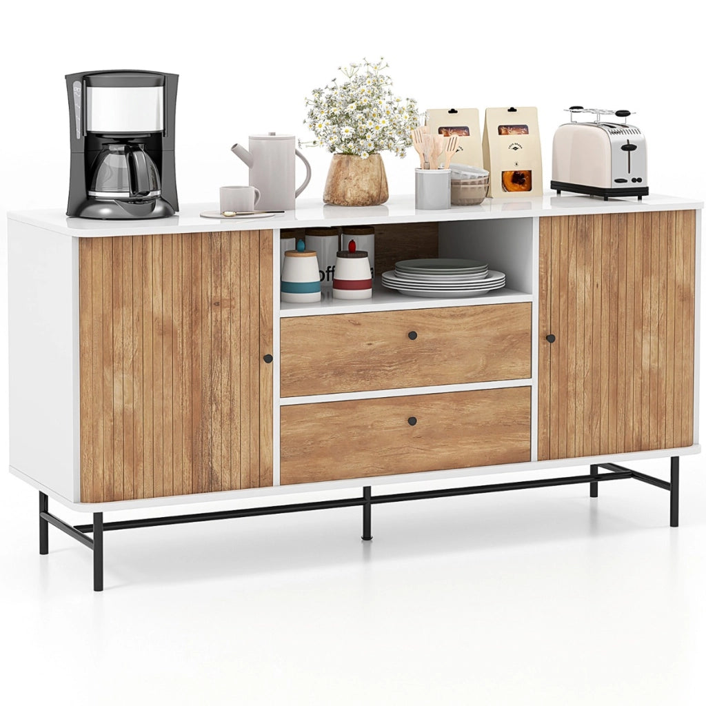 Mobile credenza con ante scorrevoli 2 cassetti foro per cavi-Mobile TV stile mid century da salotto Bianco