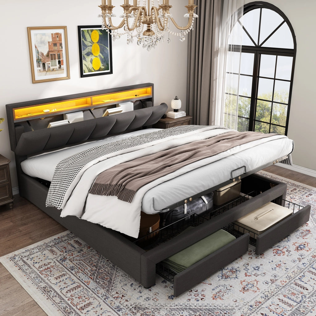 Letto imbottito 160x200 cm grigio scuro con LED, rete a doghe e contenitore sottoletto