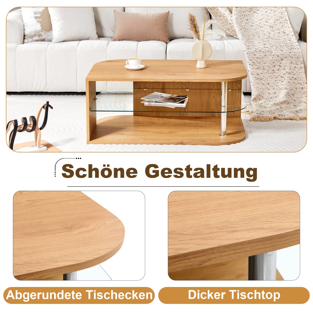 Tavolino basso con doppio ripiano e vano contenitore in MDF effetto legno naturale e vetro 100 × 60 × 42 cm