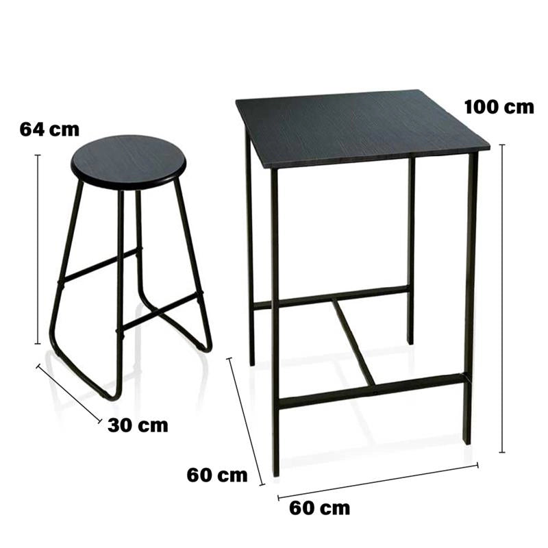 SET TAVOLO E 2 SGABELLI IN METALLO CON TOP E SEDUTE IN LEGNO NERO TAVOLO 60 X 60 X 100 CM, SGABELLI 30 X 64 CM
