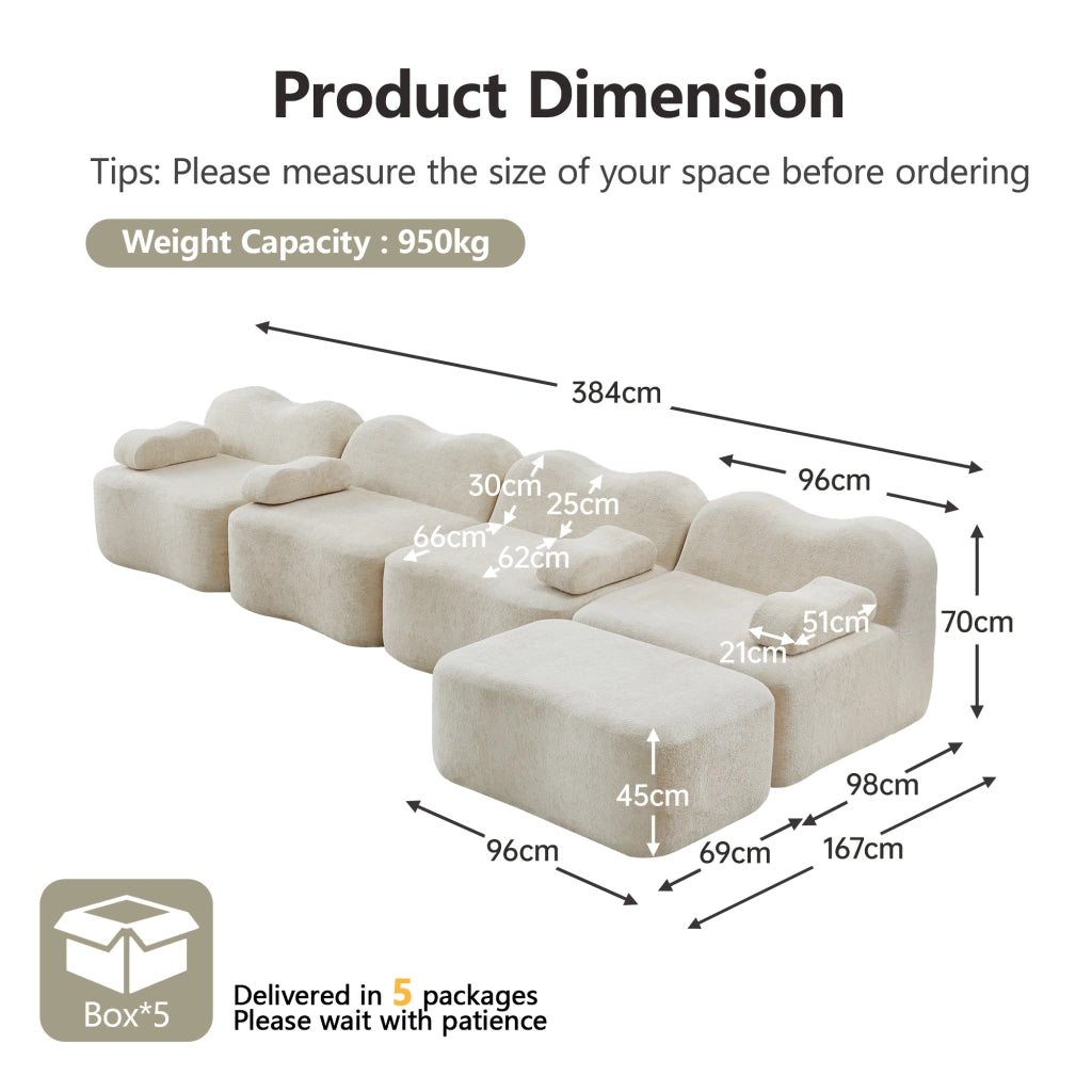 Divano modulare angolare 4 posti senza struttura con pouf, seduta profonda e braccioli mobili, in velluto beige