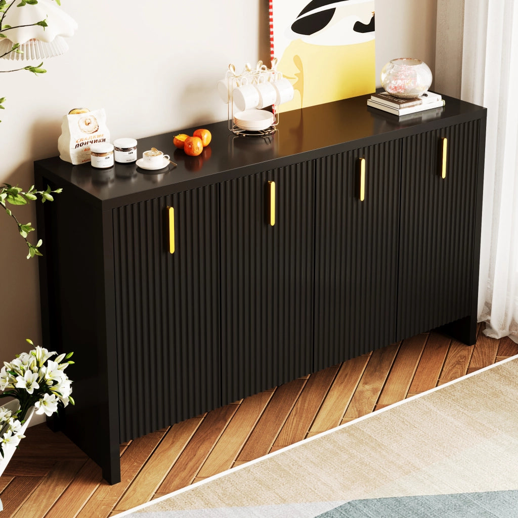 Credenza con 4 Ante e Ripiani Regolabili; Maniglie Dorate; Stile Moderno; in Pannello Truciolare; 140??38??80 cm; Nero