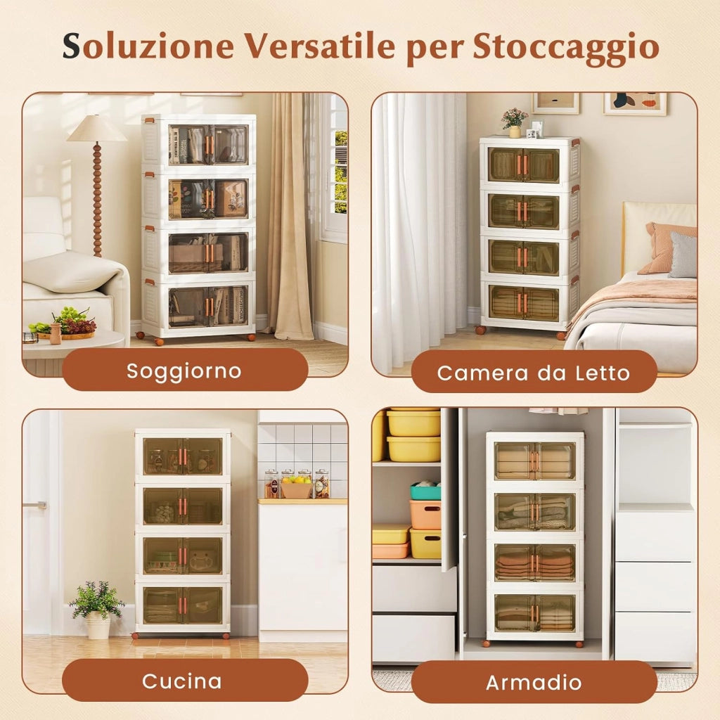 Contenitori Pieghevoli con Coperchio, Set da 4/3 Scatole di Plastica Impilabili con Ruote, per Organizzatore di Armadio con Porte a Apertura Frontale, Multiuso (62,5 x 34,5 x 130,5 cm)
