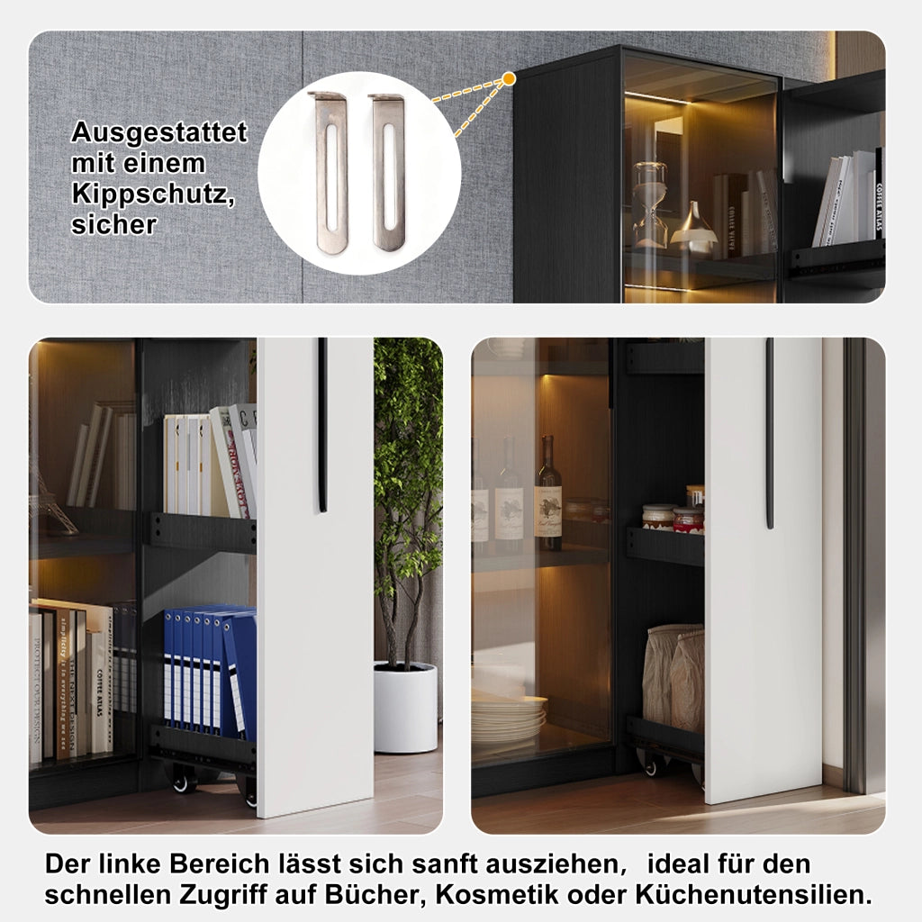 Vetrina con 1 Porta in Vetro Temperato; 1 Cassetto Laterale; LED; Cerniere Silenziose; in MDF; 70??40??160 cm; Nero Bianco