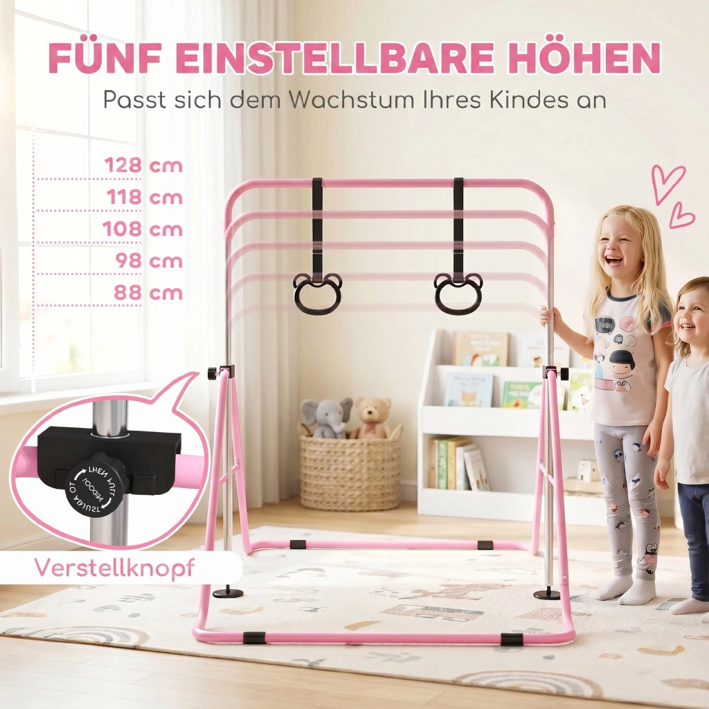 Sbarre Parallele per Bambini con Anelli, Regolabile in Altezza, Pieghevole ¨C zephmum ¨C 148x105x88-128 cm, Rosa