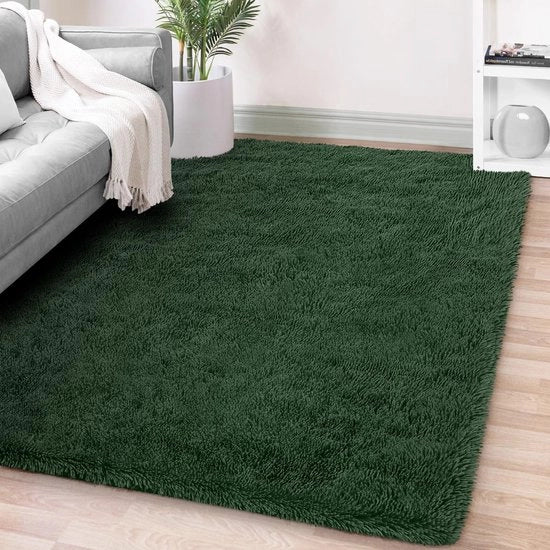 Tappeto soffice a alta densità 180x270 cm verde scuro | Tappeto extra soffice a pelo lungo con antiscivolo per soggiorno/camera da letto | Tappeto accogliente per bambini e animali domestici