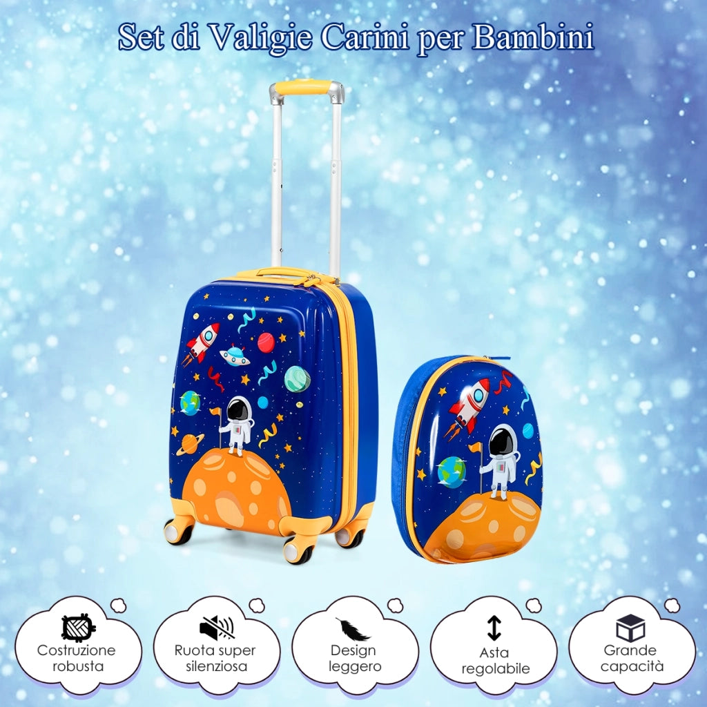 Set 2 pezzi Bagagli per bambini da viaggio con ruote girevole girevole 18" Trolley bimbo + 12" zaino Blu scuro-Bagagli e borse