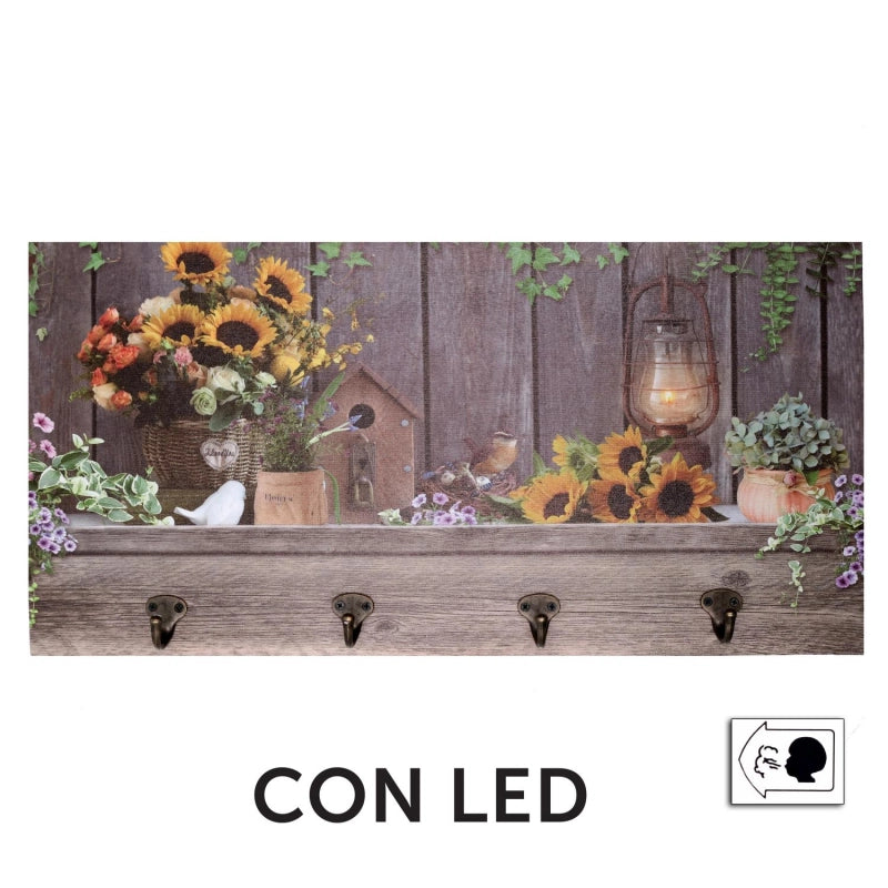 Appendino legno 4 posti con led girasoli cm 60x30x1,8