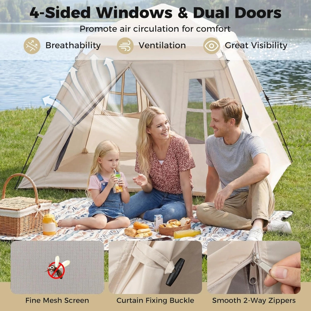 Tenda da Campeggio 3-4 Persone, Tenda Familiare con 4 Finestre Antizanzare Traspiranti e 2 Porte, Telo Antipioggia Rimovibile e Protezione Solare, Facile da Montare