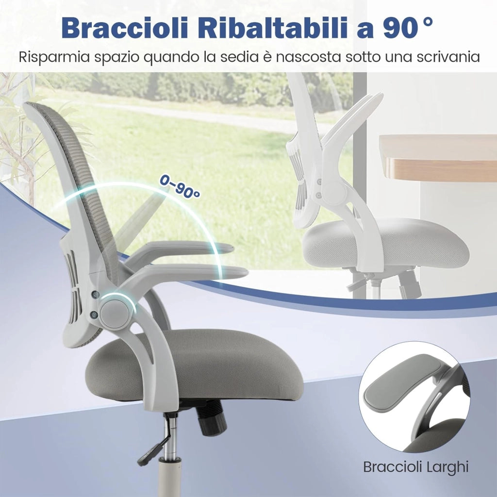Sedia da Ufficio, Poltrona Ergonomica in Rete Traspirante con Braccioli Reclinabili, Poltrona da Scrivania Girevole Regolabile in Altezza con Ruote