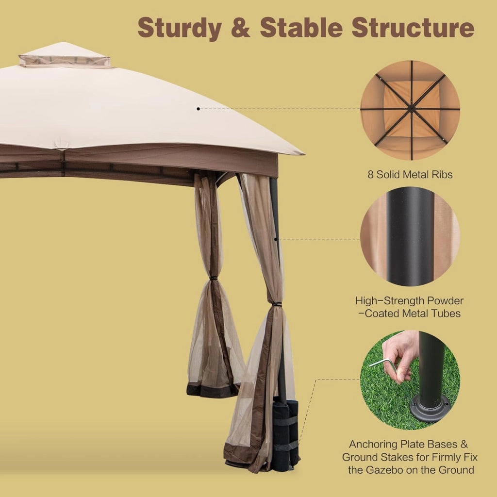 Gazebo per Esterno 3 x 3 m in Tessuto in Poliestere Resistente a Sole e Pioggia, Tendone a Tetto con Rete e Sacchi di Sabbia, Tendone a Tetto per Feste e Campeggio da Giardino, Balcone Cachi