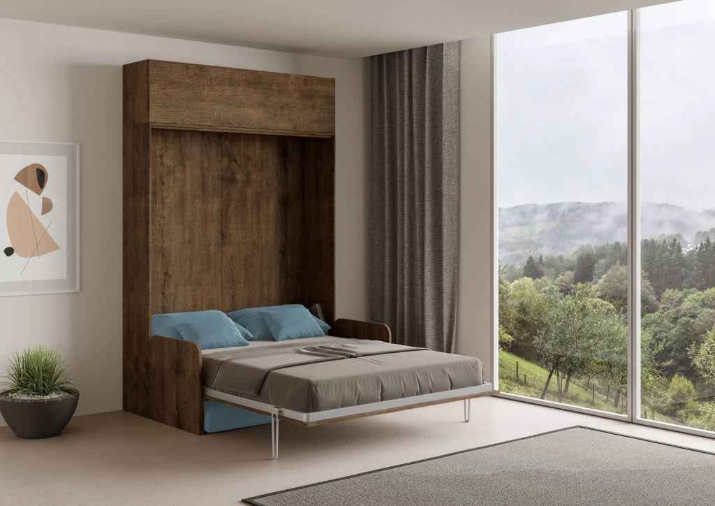 Letto matrimoniale a scomparsa 160 Kentaro con divano e pensile noce, azzurro