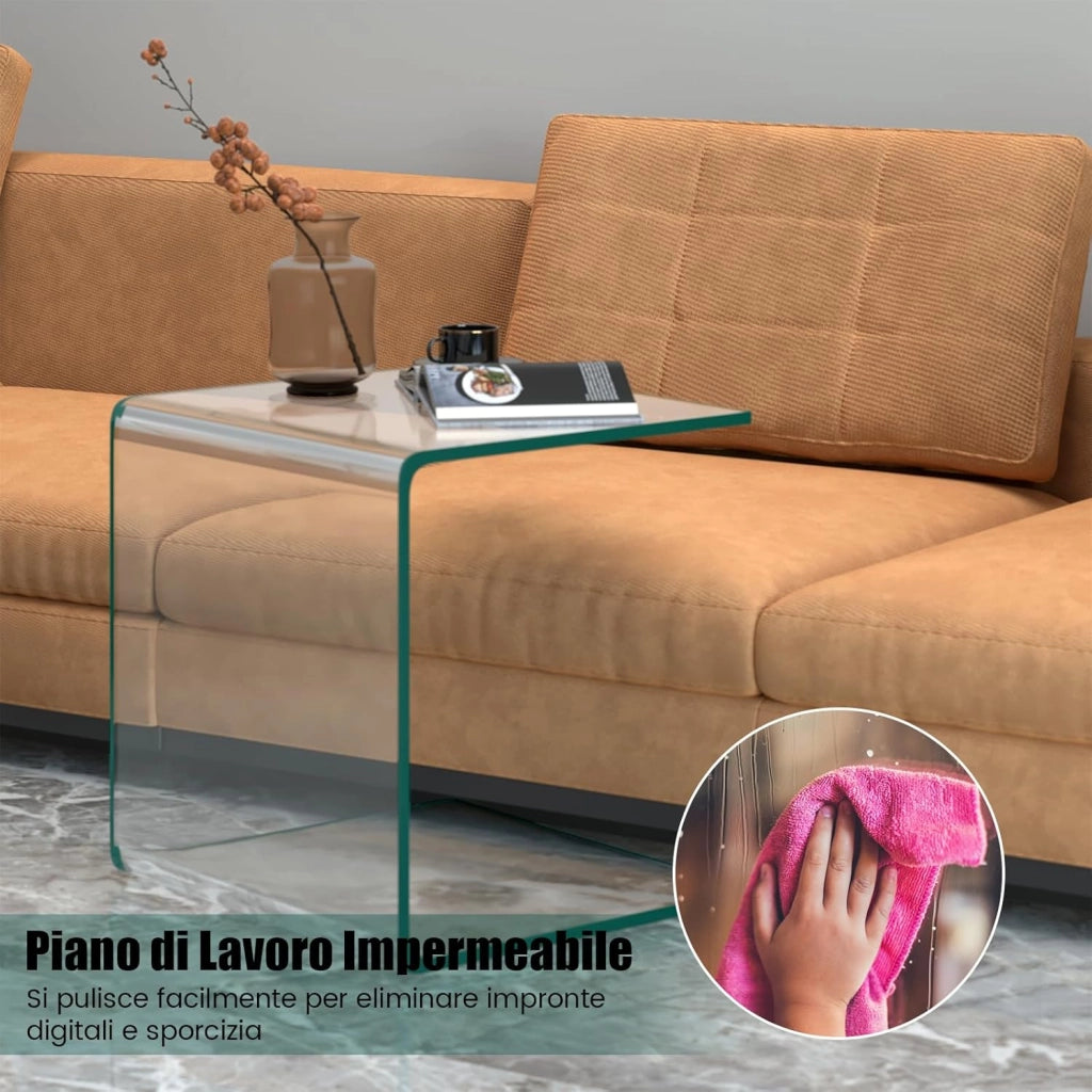 Tavolino da Salotto in Vetro Temperato, Tavolino con Bordi a Cascata & Piedini Antiscivolo, Tavolino Moderno per Camera da Letto, Soggiorno, Ufficio e Hotel, 45 x 45 x 41 cm