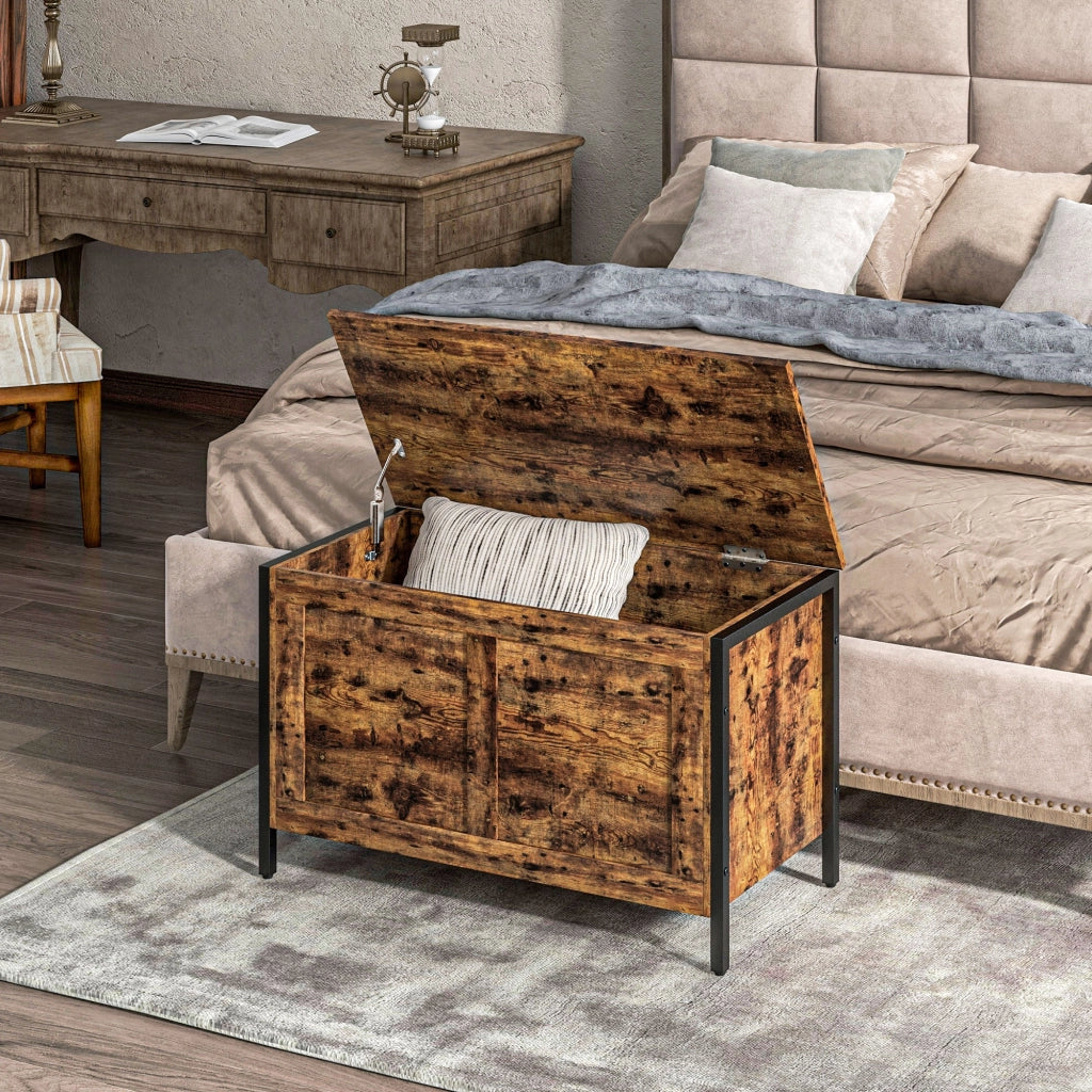 Cassapanca in Legno da 95L Stile Industriale con Coperchio e Cerniera di Sicurezza, 80x40x49cm, Marrone