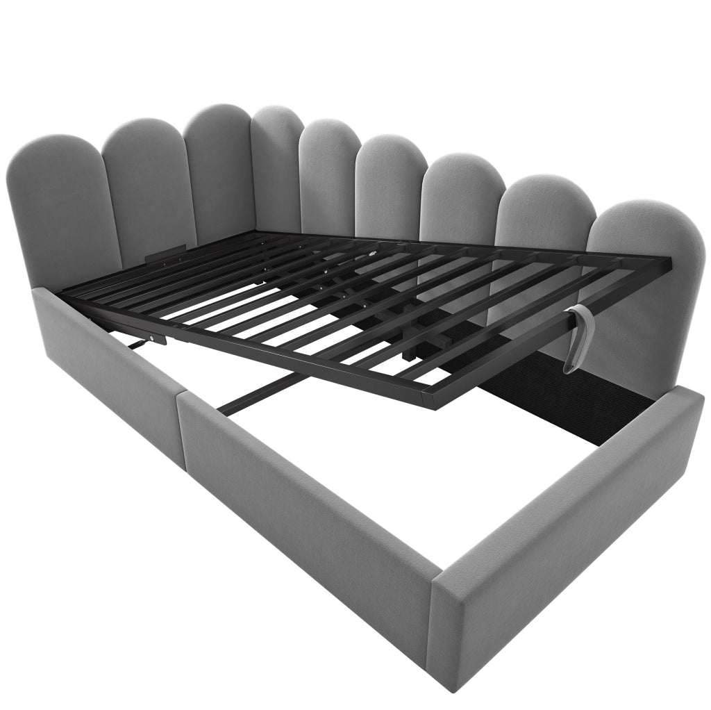 Letto daybed 90x200 cm in velluto grigio con contenitore idraulico; struttura in metallo