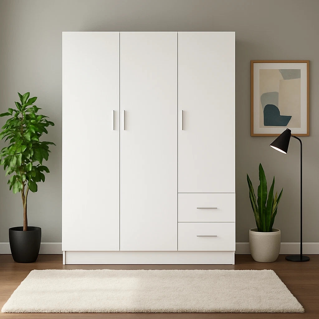 Armadio Guardaroba 120x50x170 cm 3 ante e 2 cassetti, Legno Laminato Bianco per Mansarda, Cantina, Garage e Ripostiglio