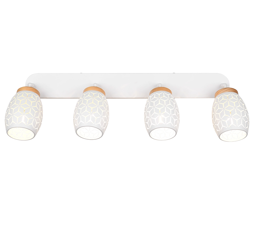 Barra 4 spots, metallo, bianco e legno, L 74 cm, Bidar