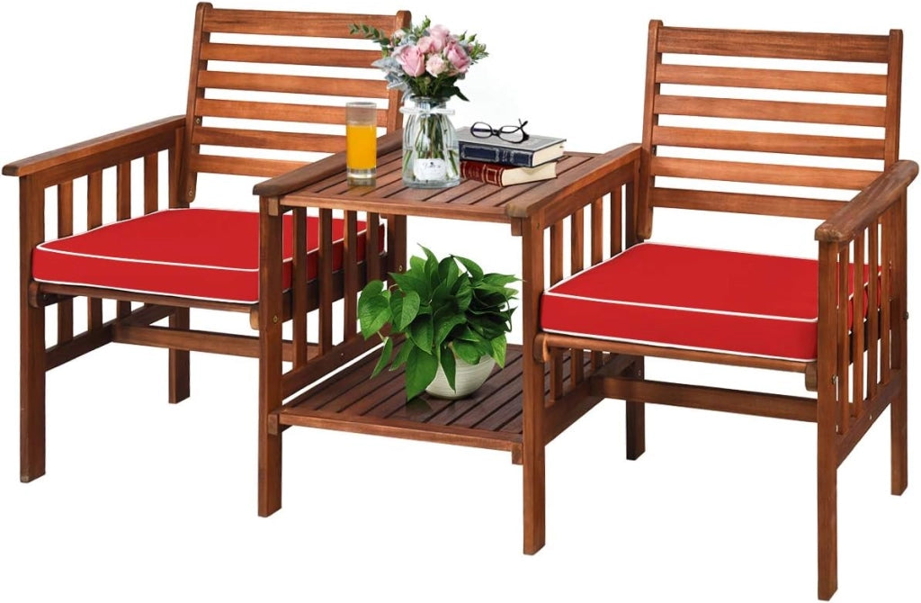 Set Tavolo e Sedia da Giardino con Foro per Ombrello, Set di Mobili a 2 Posti da Esterno in Legno di Acacia con Cuscini, per Giardino, Cortile e Bordo della Piscina (Rosso)