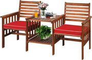 Set Tavolo e Sedia da Giardino con Foro per Ombrello, Set di Mobili a 2 Posti da Esterno in Legno di Acacia con Cuscini, per Giardino, Cortile e Bordo della Piscina (Rosso)