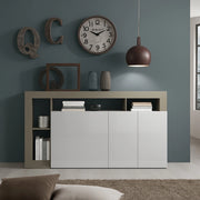 Credenza moderna a 3 ante a vani Americano, Made in Italy, Madia da cucina, Buffet di design da soggiorno, cm 146x42h93, colore Bianco lucido e Pero