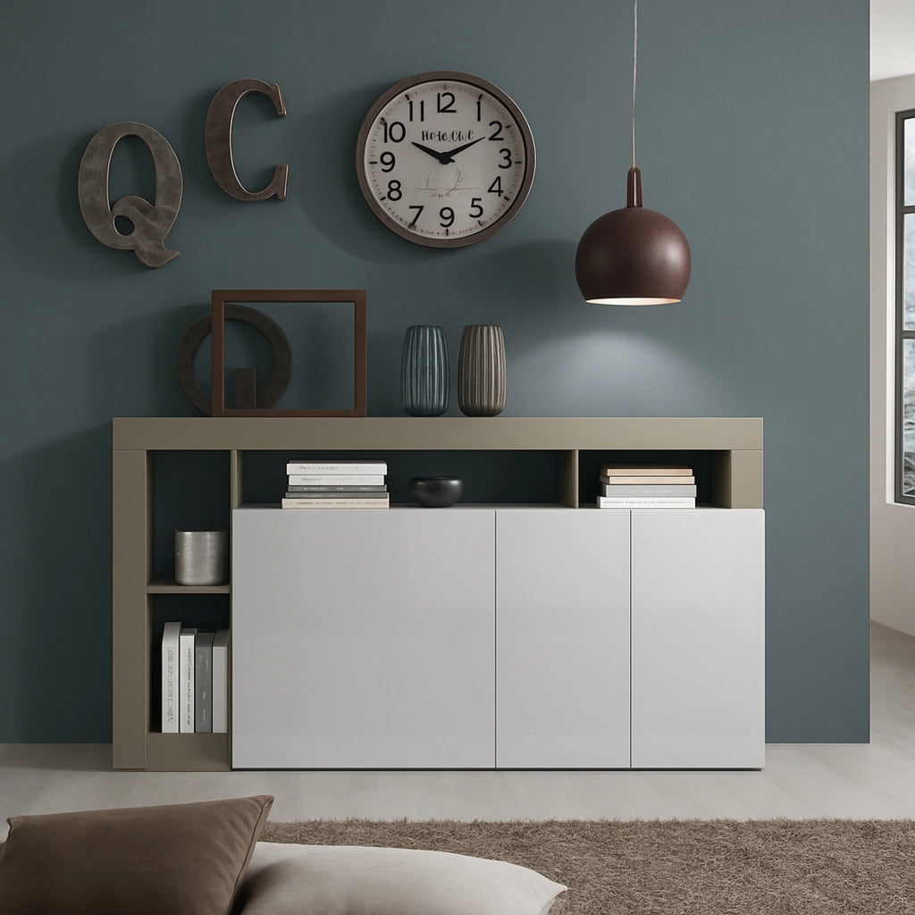 Credenza moderna a 3 ante a vani Americano, Made in Italy, Madia da cucina, Buffet di design da soggiorno, cm 146x42h93, colore Bianco lucido e Pero
