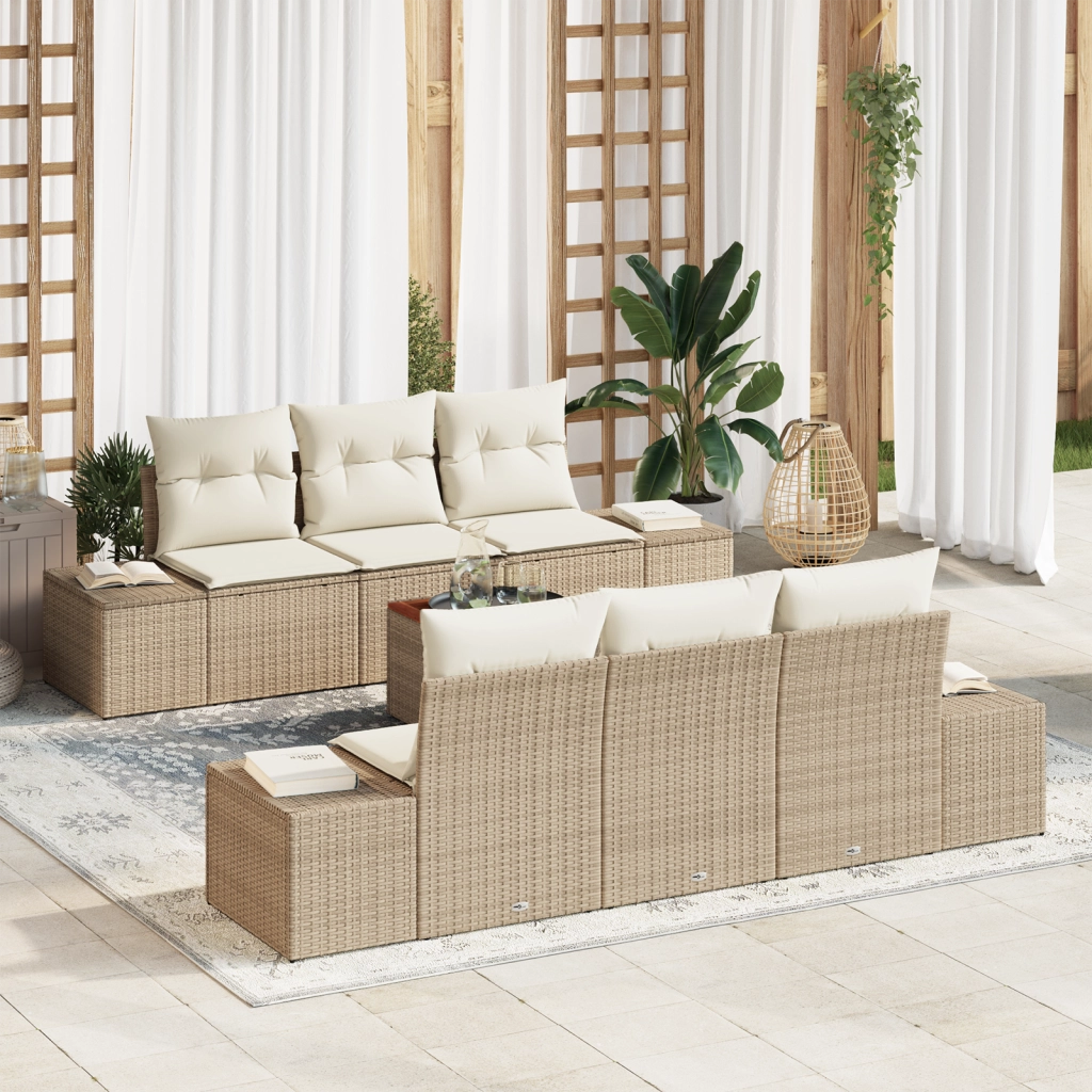 Set Divano da Giardino 7 Pezzi con Cuscini Beige Polyrattan Acacia