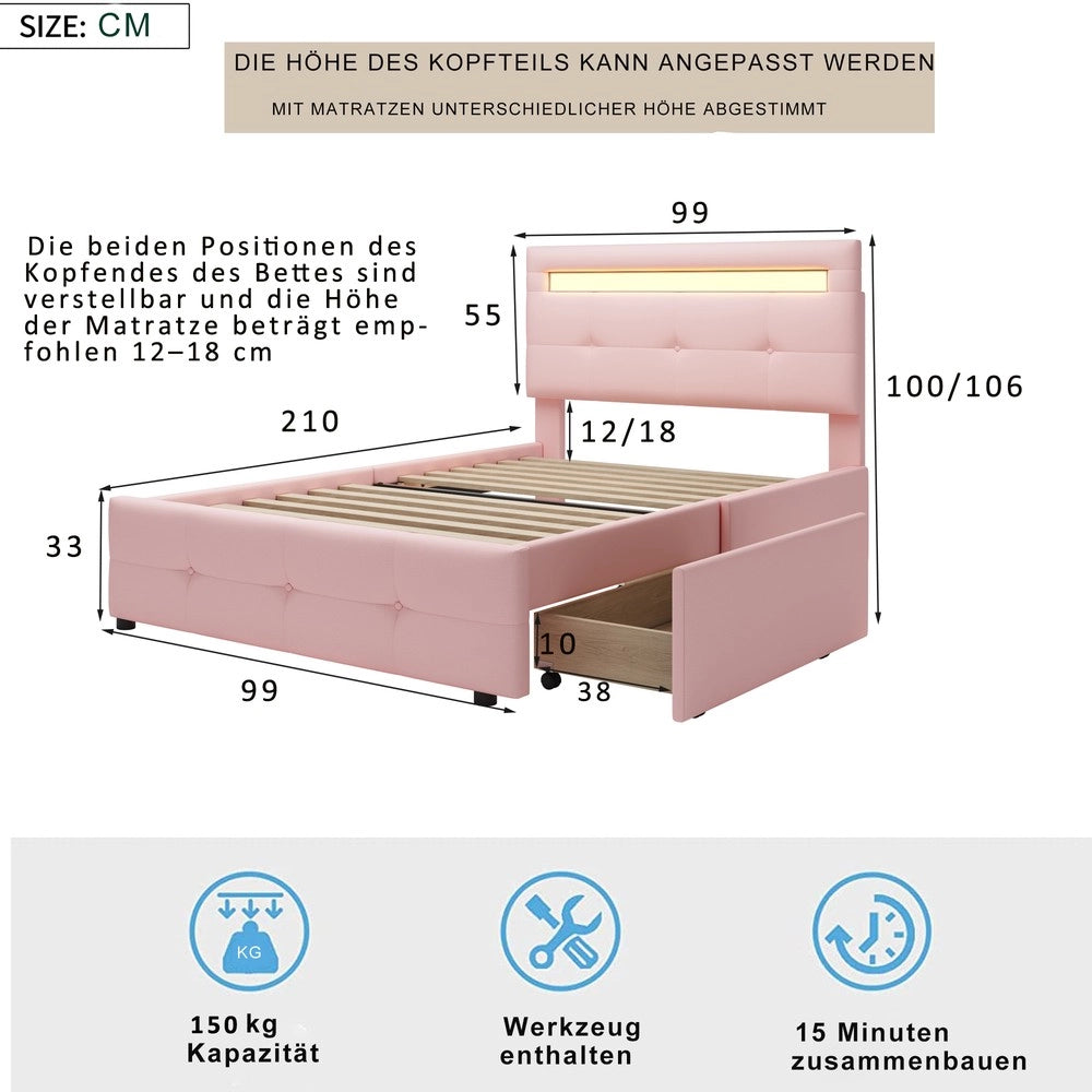 Letto Singolo Imbottito con LED e Cassetti ¨C MINIMAL ¨C Rosa, 90x200