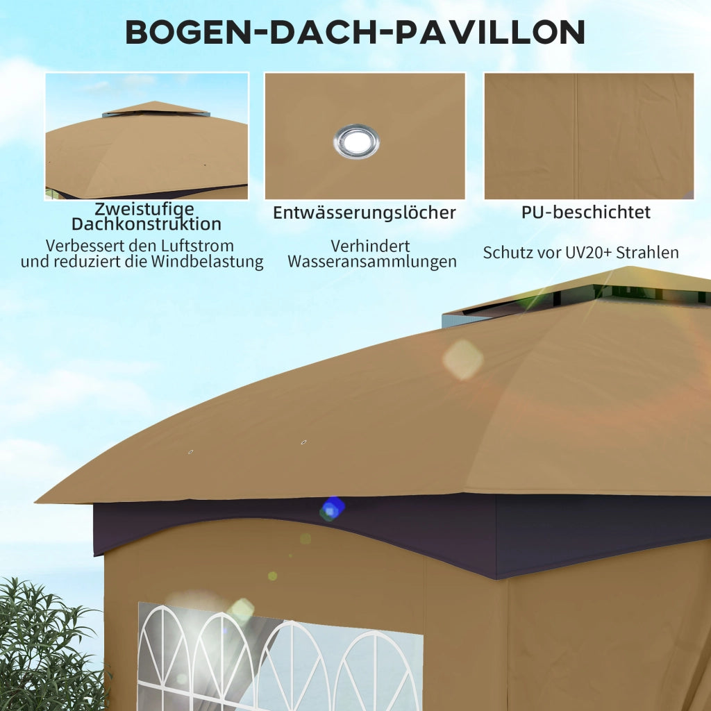 Gazebo da Giardino Con Doppio Tetto E 4 Teli Laterali; Poliestere PU; Beige; Protezione UV20+; 335×335×285 cm