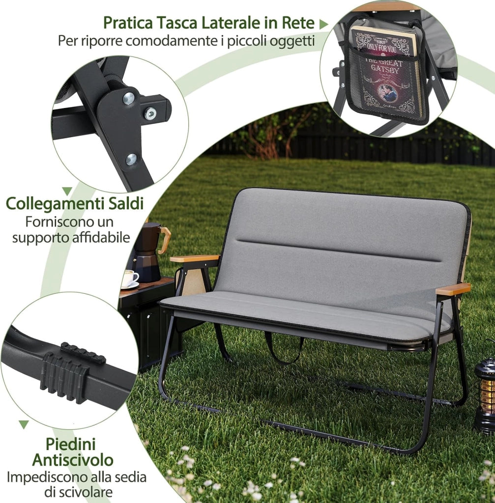 Sedia da Campeggio Pieghevole a 2 Posti, Panca da Campeggio con Cuscino Rimovibile, Tasca Laterale, Braccioli, Sedia da Giardino Portatile a Carico Pesante per Esterni, Portata 300 kg