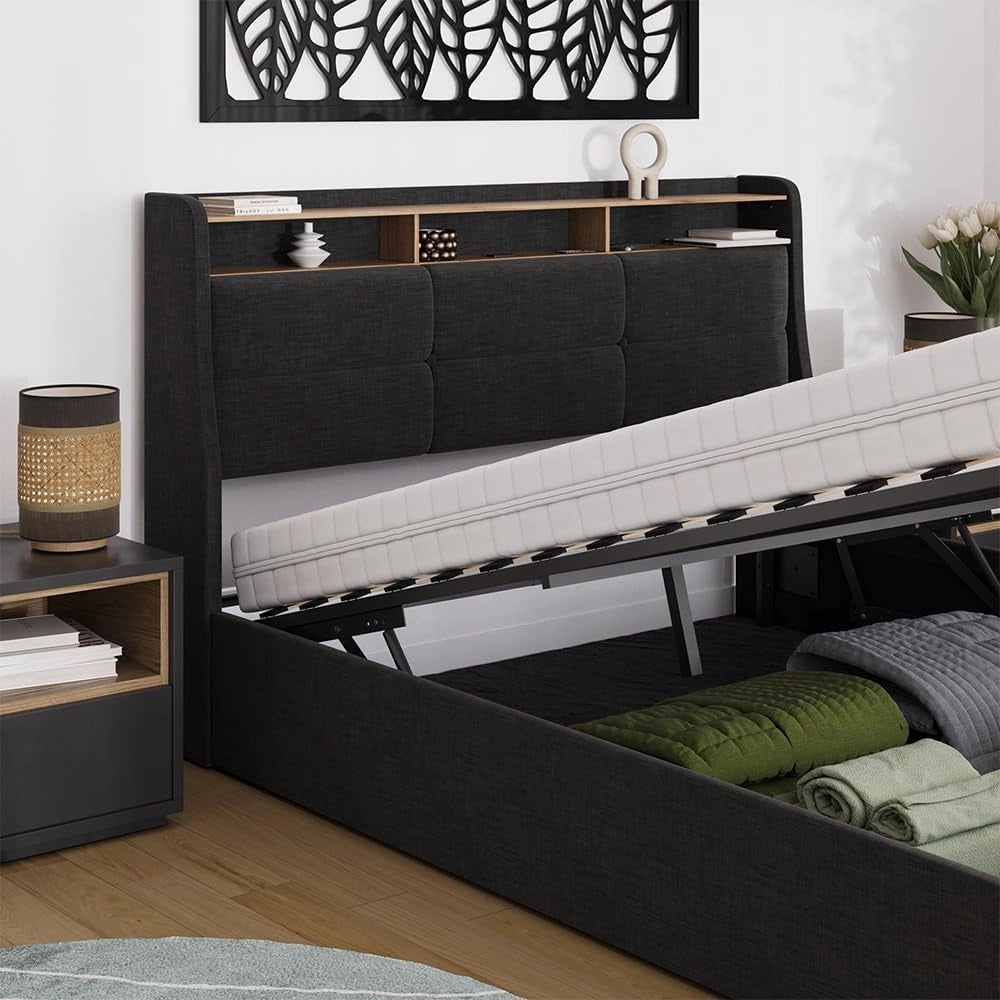 Letto imbottito Christin, Antracite/quercia, 160x200 con LED, connessione USB, materasso