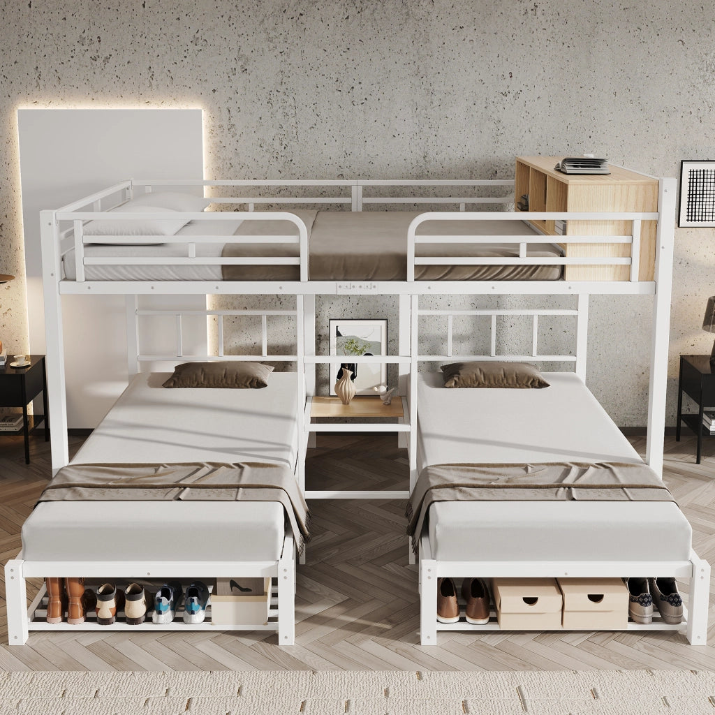 Letto a castello 3 posti 140 × 200 cm e 90 × 200 cm con ripiano aperto e porta scarpe, senza materasso, bianco