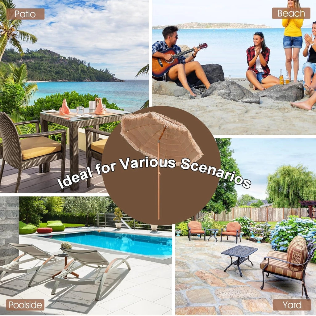 Ombrellone hawaiano, φ208 cm, pieghevole a 30°, da balcone, in paglia con protezione solare e 8 costole, per giardino, spiaggia, attività all'aperto, naturale senza Base per Ombrellone